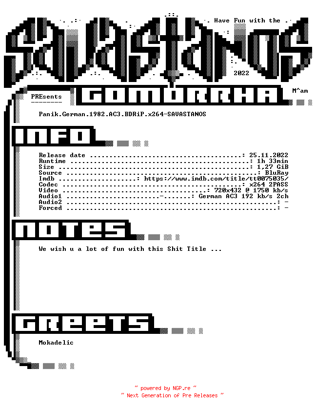 NFO for the release Panik.German.1982.AC3.BDRiP.x264-SAVASTANOS by SAVASTANOS
