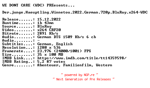NFO for the release Der.junge.Haeuptling.Winnetou.2022.German.720p.BluRay.x264-WDC by WDC
