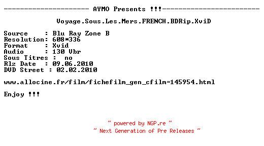 NFO for the release Voyage.Sous.Les.Mers.FRENCH.BDRip.XviD-AYMO by AYMO