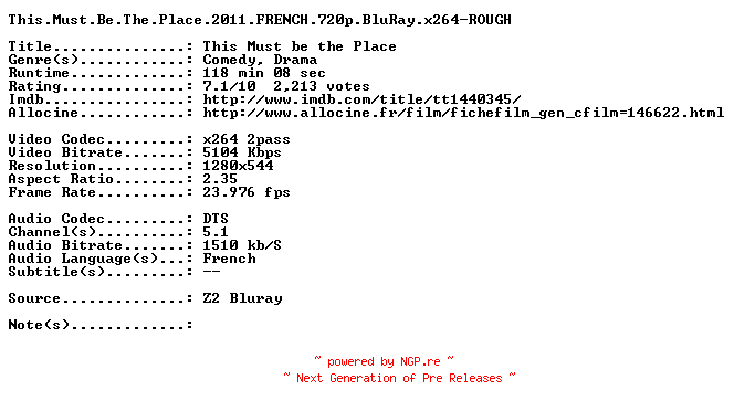 NFO for the release This.Must.Be.The.Place.2011.FRENCH.720p.BluRay.x264-ROUGH by ROUGH