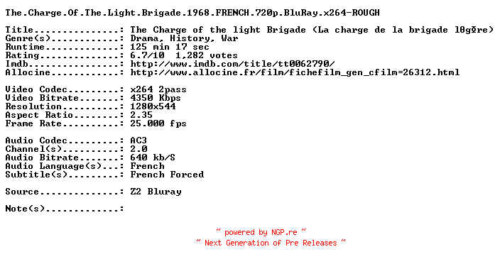 NFO for the release The.Charge.Of.The.Light.Brigade.1968.FRENCH.720p.BluRay.x264-ROUGH by ROUGH