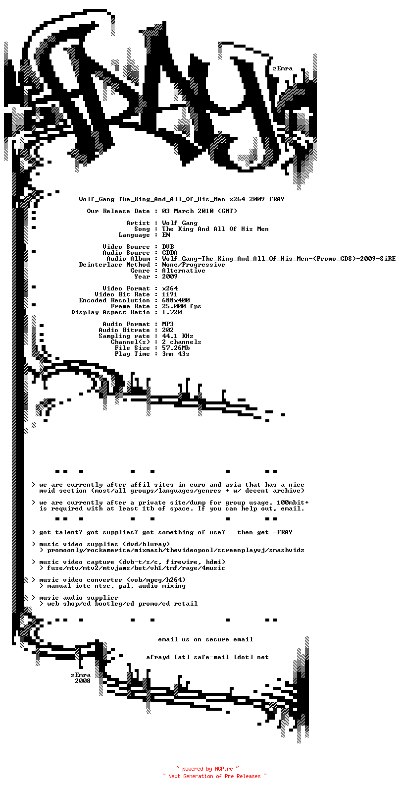 NFO for the release Wolf_Gang-The_King_And_All_Of_His_Men-x264-2009-FRAY by FRAY
