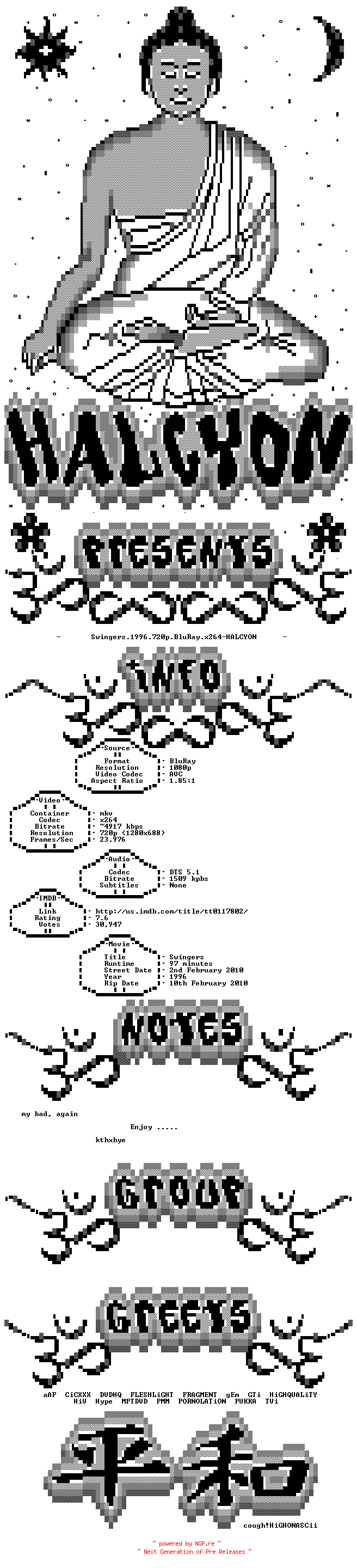 NFO for the release Swingers.1996.REPACK.720p.BluRay.x264-HALCYON by HALCYON
