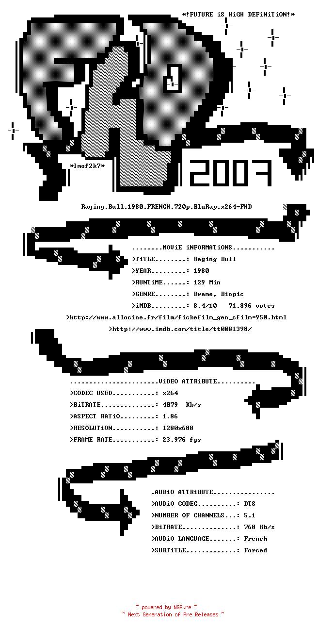 NFO for the release Raging.Bull.1980.FRENCH.720p.BluRay.x264-FHD by FHD