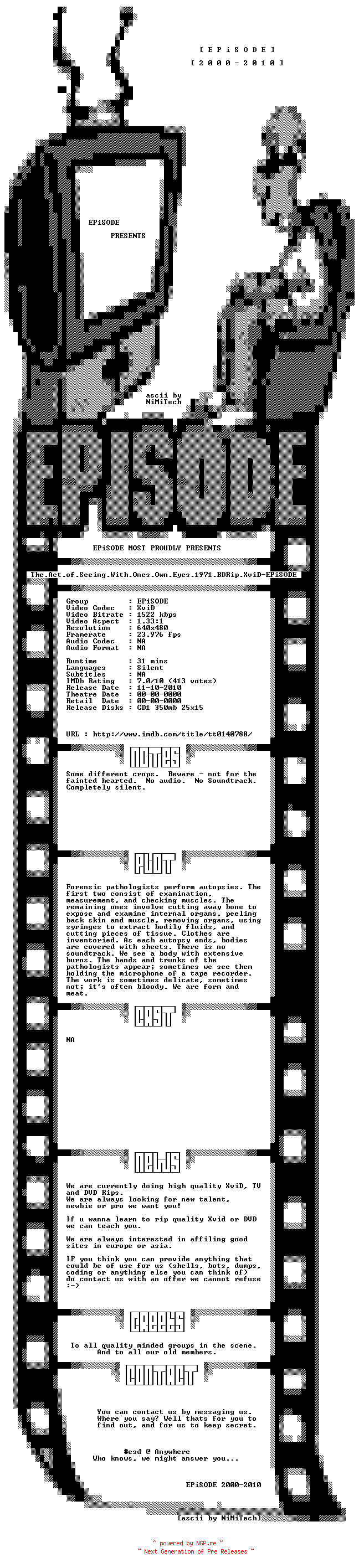 NFO for the release The.Act.of.Seeing.With.Ones.Own.Eyes.1971.BDRip.XviD-EPiSODE by EPiSODE