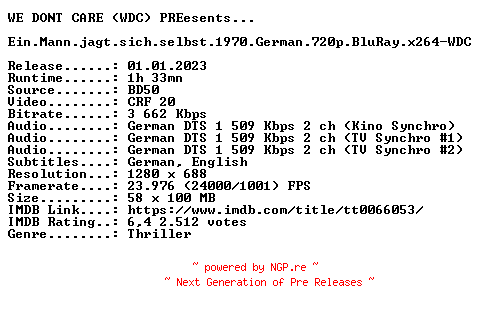 NFO for the release Ein.Mann.jagt.sich.selbst.1970.German.720p.BluRay.x264-WDC by WDC