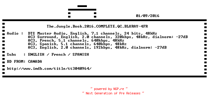 NFO for the release The.Jungle.Book.2016.COMPLETE.QC.BLURAY-4FR by 4FR