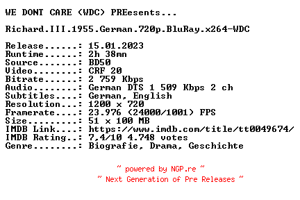 NFO for the release Richard.III.1955.German.720p.BluRay.x264-WDC by WDC