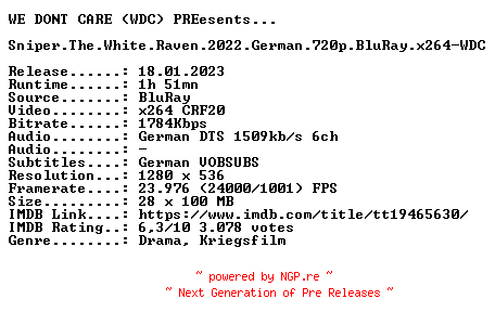 NFO for the release Sniper.The.White.Raven.2022.German.720p.BluRay.x264-WDC by WDC