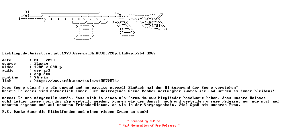 NFO for the release Liebling.du.beisst.so.gut.1978.German.DL.AC3D.720p.BluRay.x264-GSG9 by GSG9