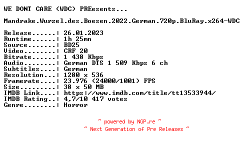 NFO for the release Mandrake.Wurzel.des.Boesen.2022.German.720p.BluRay.x264-WDC by WDC