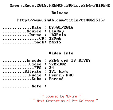 NFO for the release Green.Room.2015.FRENCH.BDRip.x264-PRiDEHD by PRiDEHD
