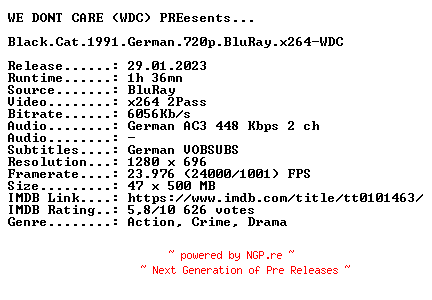 NFO for the release Black.Cat.1991.German.720p.BluRay.x264-WDC by WDC