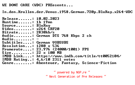 NFO for the release In.den.Krallen.der.Venus.1958.German.720p.BluRay.x264-WDC by WDC