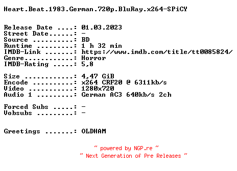 NFO for the release Heart.Beat.1983.German.720p.BluRay.x264-SPiCY by SPiCY