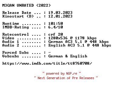 NFO for the release M3gan.UNRATED.2022.German.DL.720p.BluRay.x264-COiNCiDENCE by COiNCiDENCE