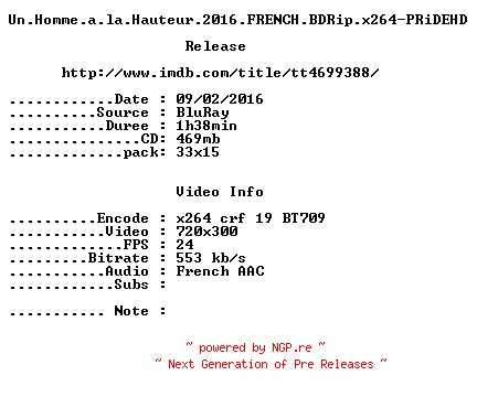 NFO for the release Un.Homme.a.la.Hauteur.2016.FRENCH.BDRip.x264-PRiDEHD by PRiDEHD