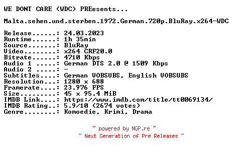 NFO for the release Malta.sehen.und.sterben.1972.German.720p.BluRay.x264-WDC by WDC
