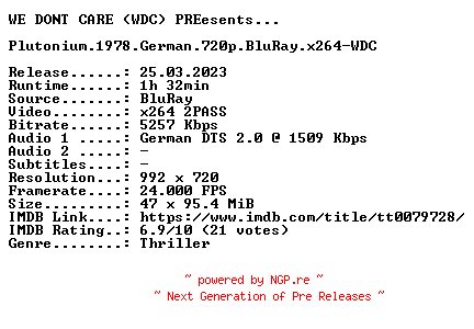 NFO for the release Plutonium.1978.German.720p.BluRay.x264-WDC by WDC