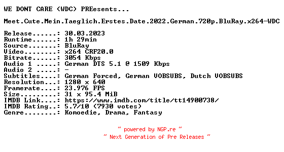 NFO for the release Meet.Cute.Mein.Taeglich.Erstes.Date.2022.German.720p.BluRay.x264-WDC by WDC
