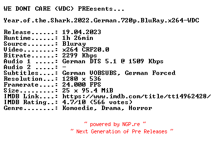 NFO for the release Year.of.the.Shark.2022.German.720p.BluRay.x264-WDC by WDC