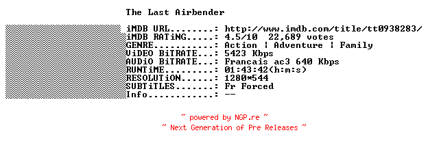 NFO for the release The.Last.Airbender.FRENCH.720p.BluRay.x264-THENiGHTMAREiNHD by THENiGHTMAREiNHD