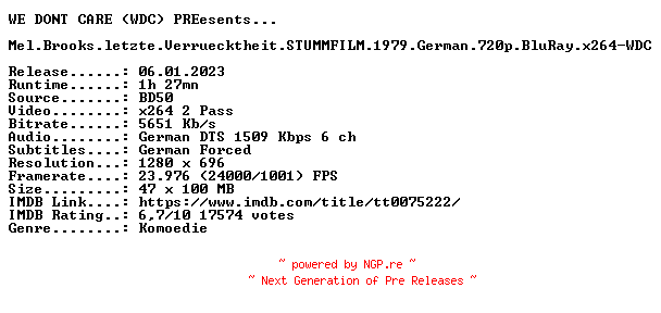NFO for the release Mel.Brooks.letzte.Verruecktheit.STUMMFILM.1979.German.720p.BluRay.x264-WDC by WDC