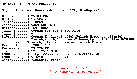 NFO for the release Magic.Mikes.Last.Dance.2023.German.720p.BluRay.x264-WDC by WDC