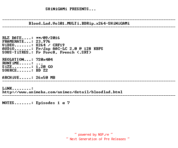 NFO for the release Blood.Lad.Vol01.MULTi.BDRip.x264-SHiNiGAMi by SHiNiGAMi