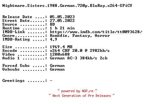 NFO for the release Nightmare.Sisters.1988.German.720p.BluRay.x264-SPiCY by SPiCY