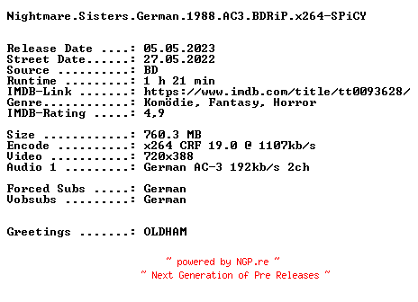 NFO for the release Nightmare.Sisters.German.1988.AC3.BDRiP.x264-SPiCY by SPiCY