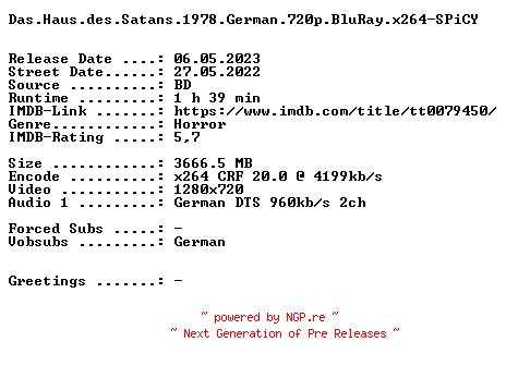 NFO for the release Das.Haus.des.Satans.1978.German.720p.BluRay.x264-SPiCY by SPiCY