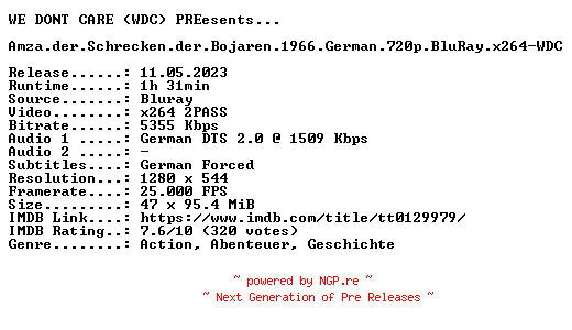 NFO for the release Amza.der.Schrecken.der.Bojaren.1966.German.720p.BluRay.x264-WDC by WDC