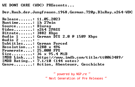 NFO for the release Der.Raub.der.Jungfrauen.1968.German.720p.BluRay.x264-WDC by WDC