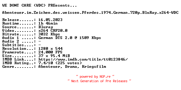 NFO for the release Abenteuer.im.Zeichen.des.weissen.Pferdes.1974.German.720p.BluRay.x264-WDC by WDC