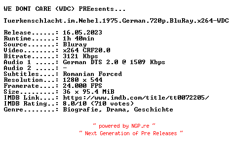 NFO for the release Tuerkenschlacht.im.Nebel.1975.German.720p.BluRay.x264-WDC by WDC