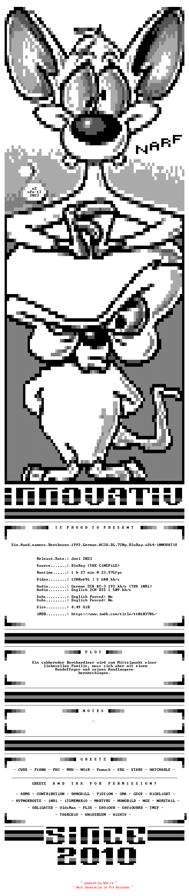 NFO for the release Ein.Hund.namens.Beethoven.1992.German.AC3D.DL.720p.BluRay.x264-iNNOVATiV by iNNOVATiV
