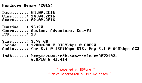 NFO for the release Hardcore.2015.German.DL.720p.BluRay.x264-CiNEViSiON by CiNEViSiON