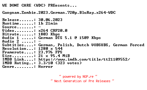 NFO for the release Gangnam.Zombie.2023.German.720p.BluRay.x264-WDC by WDC