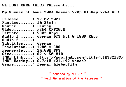 NFO for the release My.Summer.of.Love.2004.German.720p.BluRay.x264-WDC by WDC