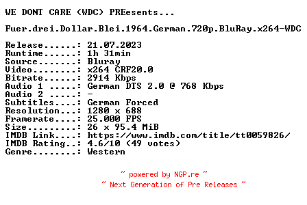 NFO for the release Fuer.drei.Dollar.Blei.1964.German.720p.BluRay.x264-WDC by WDC