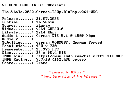 NFO for the release The.Whale.2022.German.720p.BluRay.x264-WDC by WDC