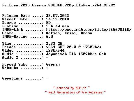 NFO for the release Re.Born.2016.German.SUBBED.720p.BluRay.x264-SPiCY by SPiCY