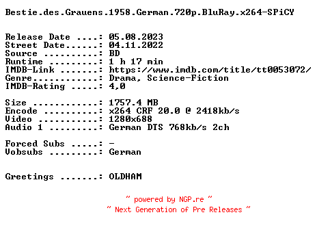 NFO for the release Bestie.des.Grauens.1958.German.720p.BluRay.x264-SPiCY by SPiCY