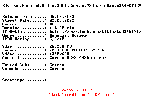 NFO for the release Elviras.Haunted.Hills.2001.German.720p.BluRay.x264-SPiCY by SPiCY