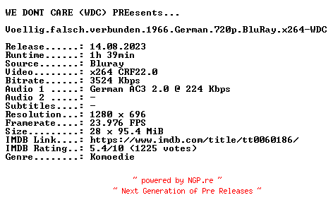 NFO for the release Voellig.falsch.verbunden.1966.German.720p.BluRay.x264-WDC by WDC