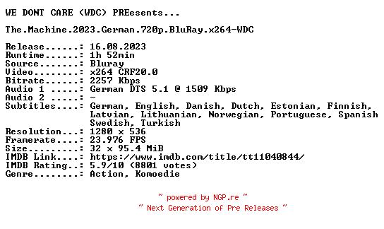 NFO for the release The.Machine.2023.German.720p.BluRay.x264-WDC by WDC