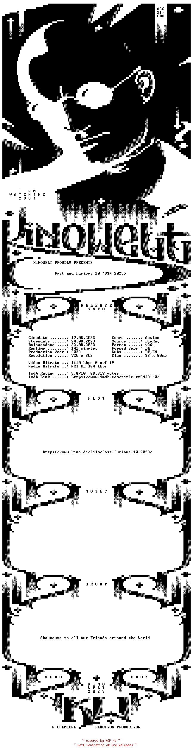 NFO for the release Fast.and.Furious.10.German.AC3.BDRip.x264-KiNOWELT by KiNOWELT