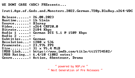 NFO for the release Irati.Age.of.Gods.and.Monsters.2022.German.720p.BluRay.x264-WDC by WDC