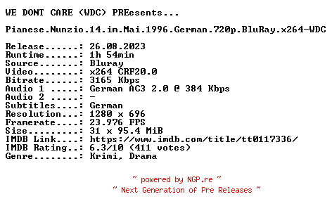 NFO for the release Pianese.Nunzio.14.im.Mai.1996.German.720p.BluRay.x264-WDC by WDC
